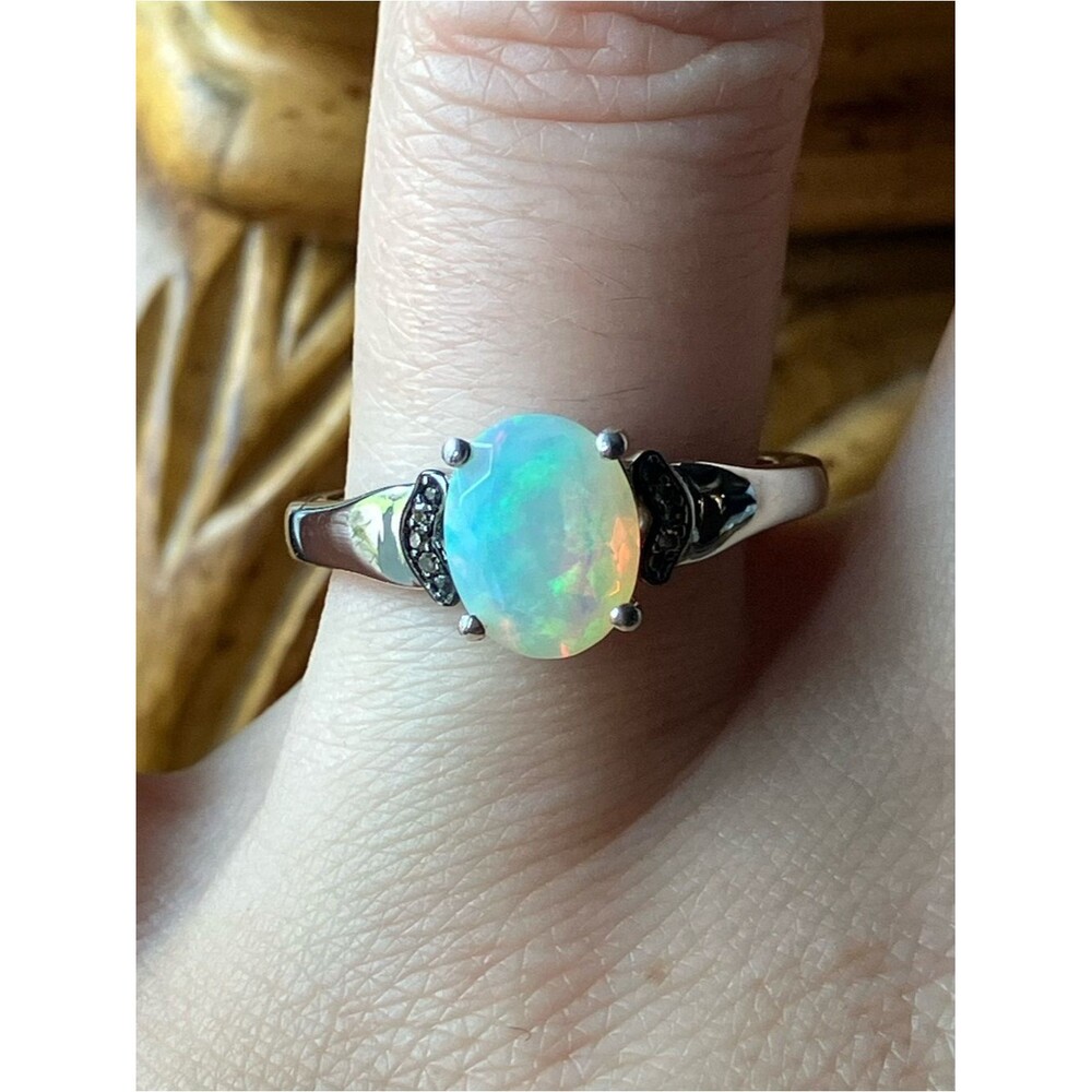 Ethiopian Opal Champagne Diamond Sterling Silver Ring Size 8